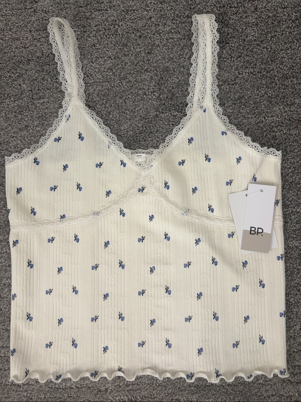 bp Cream Cami with Small Blue Floral Print and Lace Trim